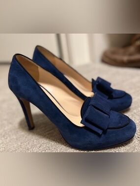 Prada Navy Suede Heels with Front Bow